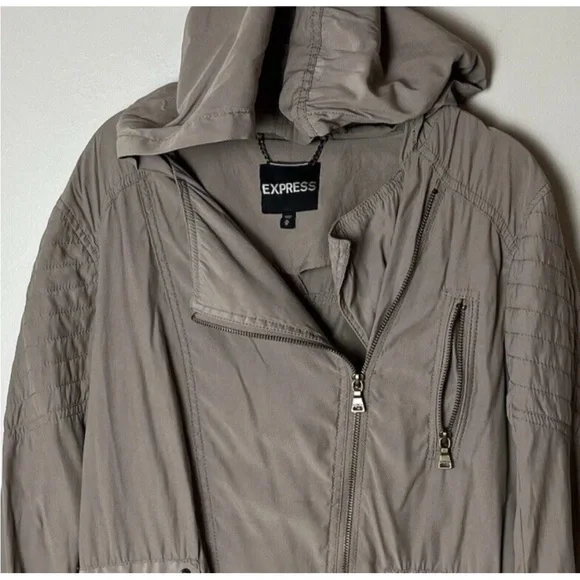 Express Women’s Utility Jacket Size Medium Tan Brown Hooded Full Zip Pockets - Picture 3 of 6